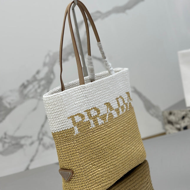 SMALL TOTE BAG 27 IN WHITE MIX BEIGE RAFFIA AND BROWN CALFSKIN HANDLE