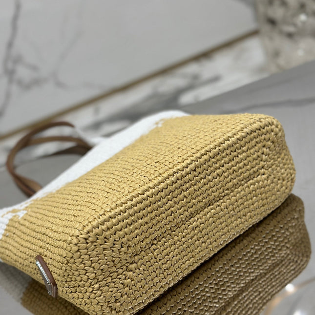 SMALL TOTE BAG 27 IN WHITE MIX BEIGE RAFFIA AND BROWN CALFSKIN HANDLE
