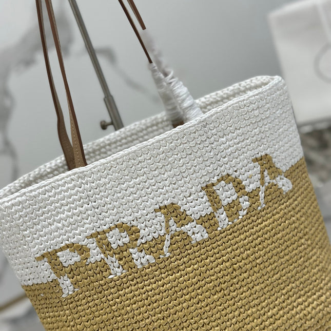 SMALL TOTE BAG 27 IN WHITE MIX BEIGE RAFFIA AND BROWN CALFSKIN HANDLE