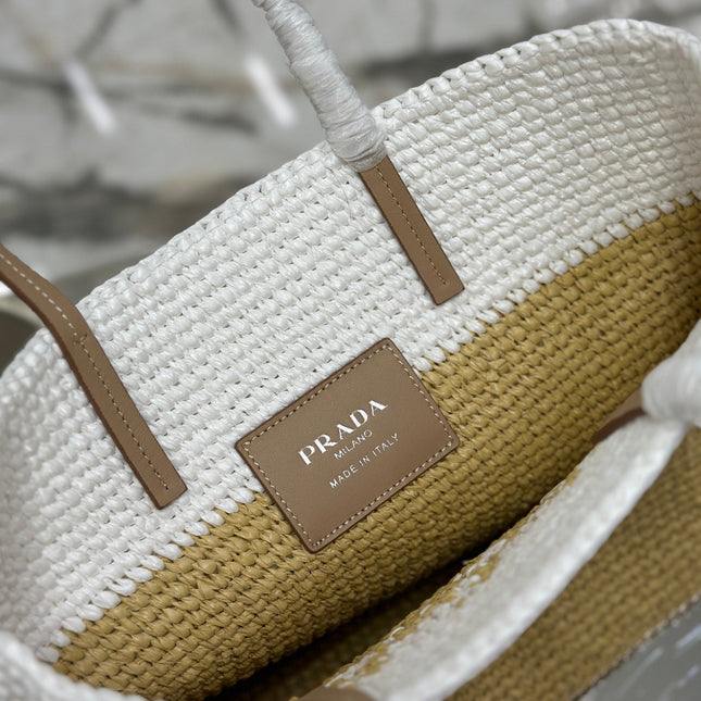 SMALL TOTE BAG 27 IN WHITE MIX BEIGE RAFFIA AND BROWN CALFSKIN HANDLE