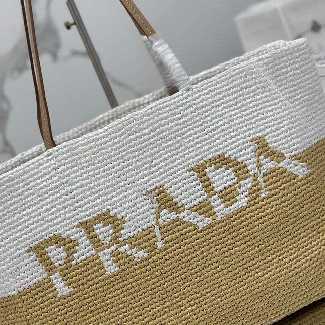 LARGE TOTE BAG 37 IN WHITE MIX BEIGE RAFFIA AND BROWN CALFSKIN HANDLE