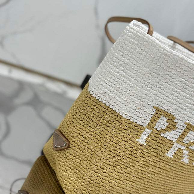 LARGE TOTE BAG 37 IN WHITE MIX BEIGE RAFFIA AND BROWN CALFSKIN HANDLE