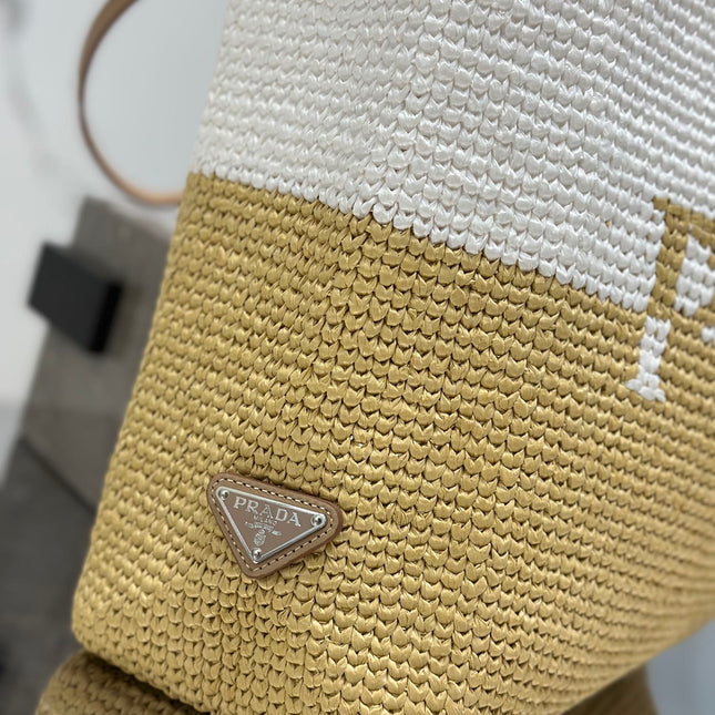 LARGE TOTE BAG 37 IN WHITE MIX BEIGE RAFFIA AND BROWN CALFSKIN HANDLE