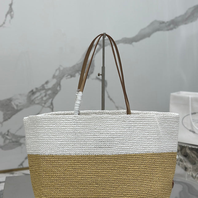 LARGE TOTE BAG 37 IN WHITE MIX BEIGE RAFFIA AND BROWN CALFSKIN HANDLE