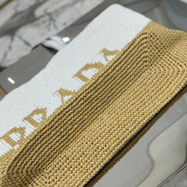 LARGE TOTE BAG 37 IN WHITE MIX BEIGE RAFFIA AND BROWN CALFSKIN HANDLE