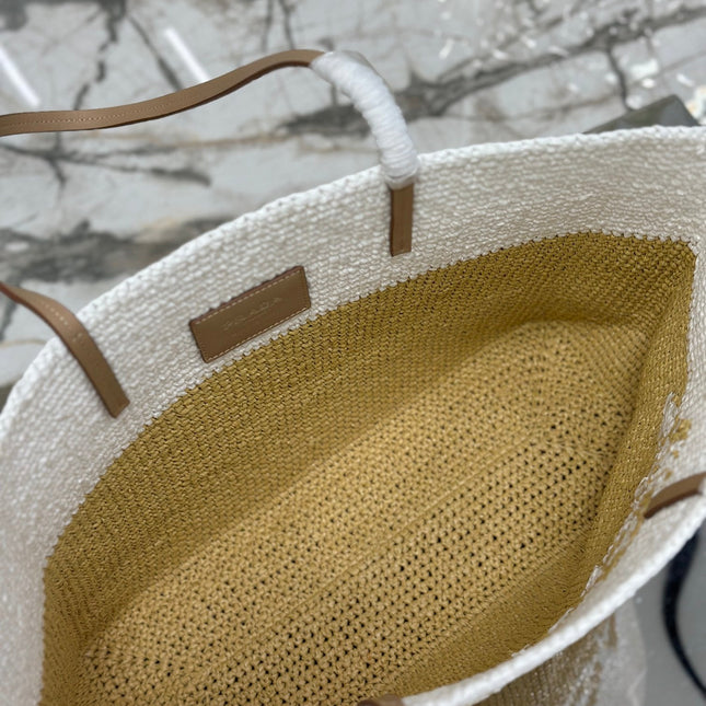 LARGE TOTE BAG 37 IN WHITE MIX BEIGE RAFFIA AND BROWN CALFSKIN HANDLE