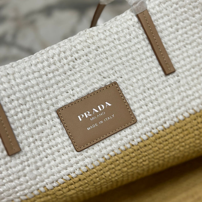 LARGE TOTE BAG 37 IN WHITE MIX BEIGE RAFFIA AND BROWN CALFSKIN HANDLE