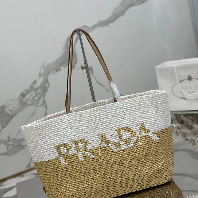 LARGE TOTE BAG 37 IN WHITE MIX BEIGE RAFFIA AND BROWN CALFSKIN HANDLE