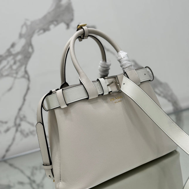 TOTE BAG WITH BELT 32 IN WHITE IMPORTED CALFSKIN