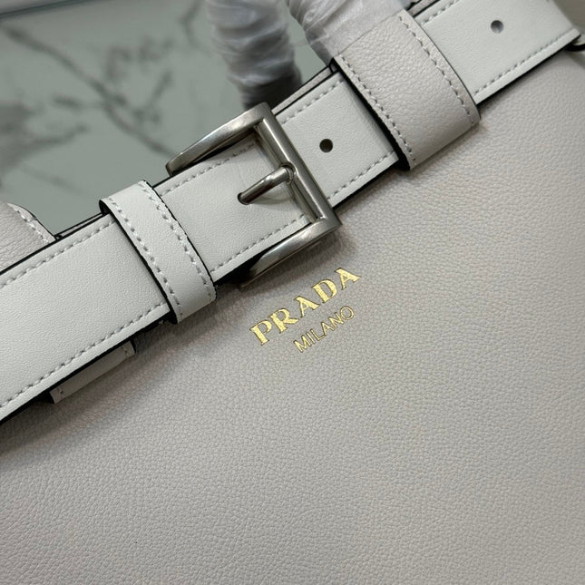 TOTE BAG WITH BELT 32 IN WHITE IMPORTED CALFSKIN