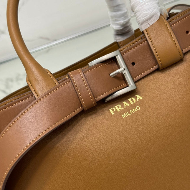 TOTE BAG WITH BELT 32 IN CIDER BROWN IMPORTED CALFSKIN