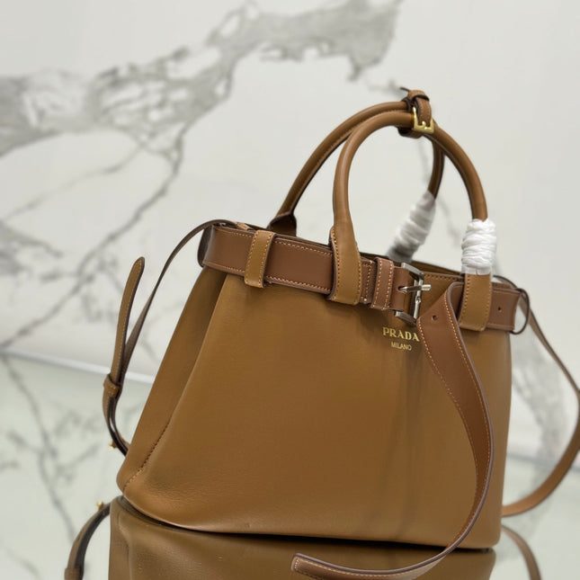 TOTE BAG WITH BELT 32 IN CIDER BROWN IMPORTED CALFSKIN