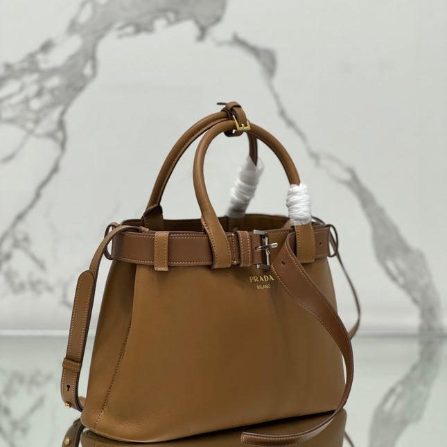 TOTE BAG WITH BELT 32 IN CIDER BROWN IMPORTED CALFSKIN