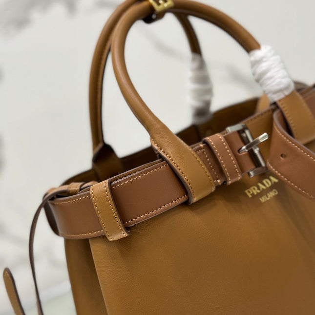 TOTE BAG WITH BELT 32 IN CIDER BROWN IMPORTED CALFSKIN