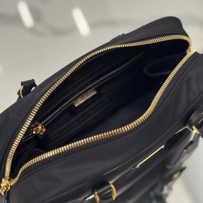 MEDIUM TOP HANDLE BAG 30 IN BLACK NYLON AND CALFSKIN TRIM