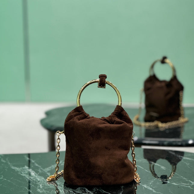 MINI BUCKET BAG 19 IN CHOCOLATE SOFT SUEDE GOLD HARDWARE