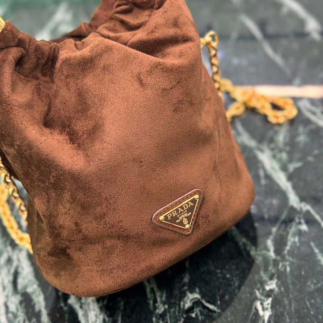 MINI BUCKET BAG 19 IN CHOCOLATE SOFT SUEDE GOLD HARDWARE