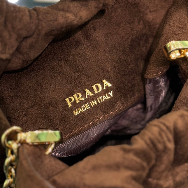 MINI BUCKET BAG 19 IN CHOCOLATE SOFT SUEDE GOLD HARDWARE