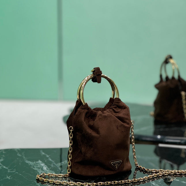 MINI BUCKET BAG 19 IN CHOCOLATE SOFT SUEDE GOLD HARDWARE