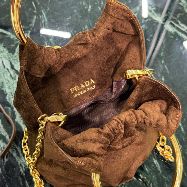 MINI BUCKET BAG 19 IN CHOCOLATE SOFT SUEDE GOLD HARDWARE