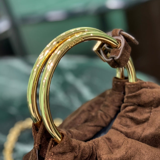 MINI BUCKET BAG 19 IN CHOCOLATE SOFT SUEDE GOLD HARDWARE