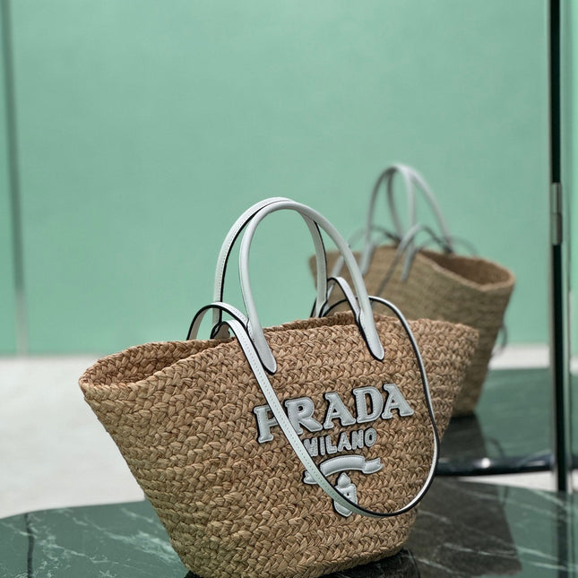 LARGE TOTE BAG 56 IN BEIGE RAFFIA GRASS AND WHITE CALFSKIN TRIM