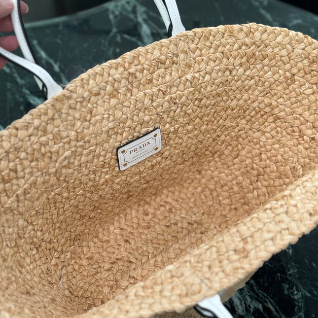 LARGE TOTE BAG 56 IN BEIGE RAFFIA GRASS AND WHITE CALFSKIN TRIM