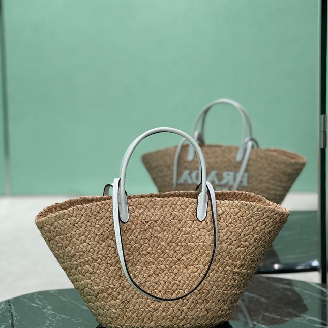 LARGE TOTE BAG 56 IN BEIGE RAFFIA GRASS AND WHITE CALFSKIN TRIM