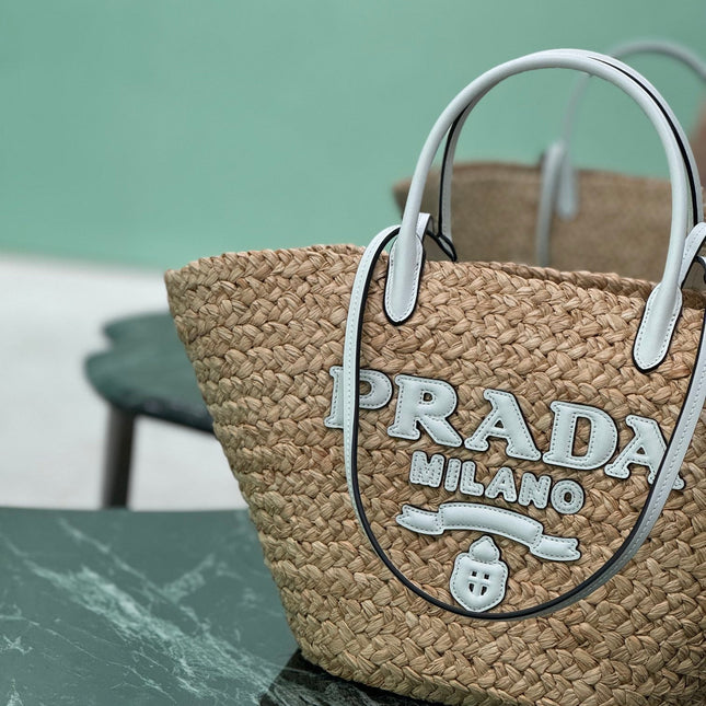 LARGE TOTE BAG 56 IN BEIGE RAFFIA GRASS AND WHITE CALFSKIN TRIM