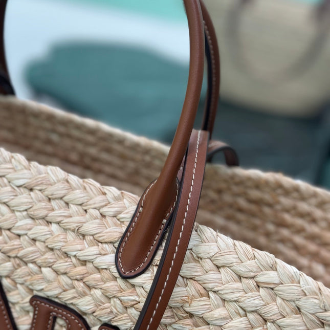 LARGE TOTE BAG 56 IN BEIGE RAFFIA GRASS AND BROWN CALFSKIN TRIM