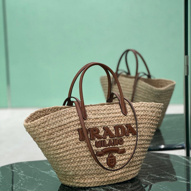 LARGE TOTE BAG 56 IN BEIGE RAFFIA GRASS AND BROWN CALFSKIN TRIM