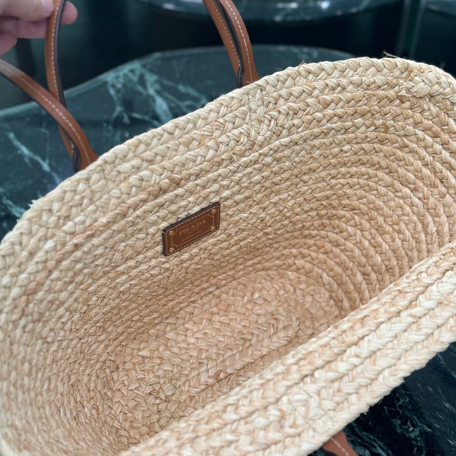 LARGE TOTE BAG 56 IN BEIGE RAFFIA GRASS AND BROWN CALFSKIN TRIM