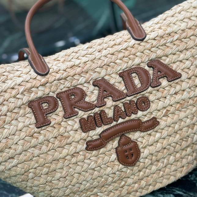 LARGE TOTE BAG 56 IN BEIGE RAFFIA GRASS AND BROWN CALFSKIN TRIM