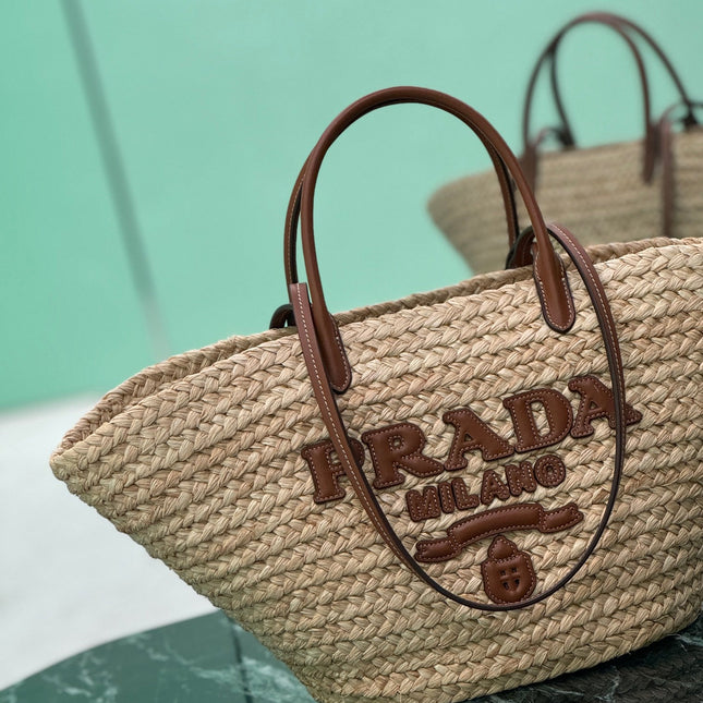 LARGE TOTE BAG 56 IN BEIGE RAFFIA GRASS AND BROWN CALFSKIN TRIM