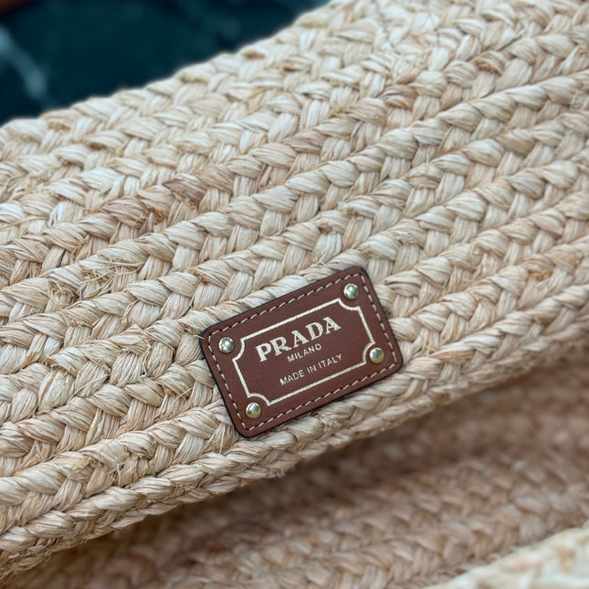 LARGE TOTE BAG 56 IN BEIGE RAFFIA GRASS AND BROWN CALFSKIN TRIM