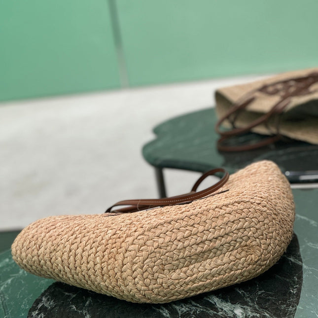 LARGE TOTE BAG 56 IN BEIGE RAFFIA GRASS AND BROWN CALFSKIN TRIM