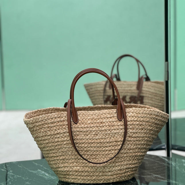 LARGE TOTE BAG 56 IN BEIGE RAFFIA GRASS AND BROWN CALFSKIN TRIM