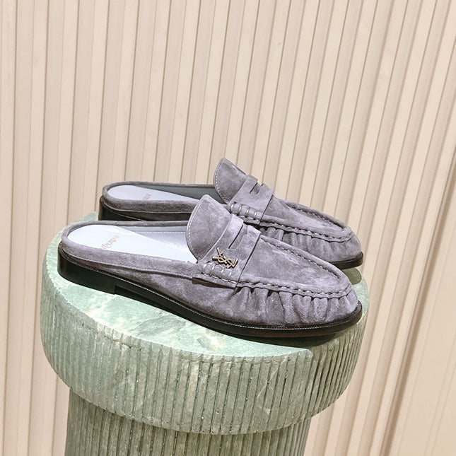 YSL 25S LOAFER MULE IN GRAY SUEDE