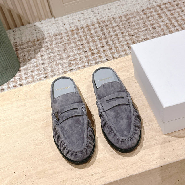 YSL 25S LOAFER MULE IN GRAY SUEDE