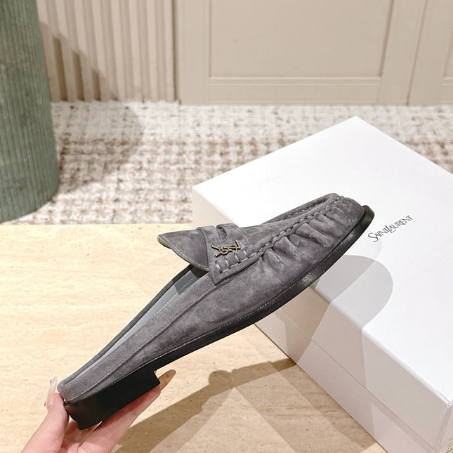 YSL 25S LOAFER MULE IN GRAY SUEDE