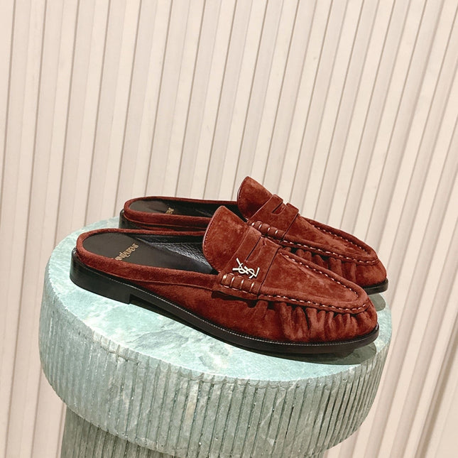 YSL 25S LOAFER MULE IN DARK BRICK RED SUEDE
