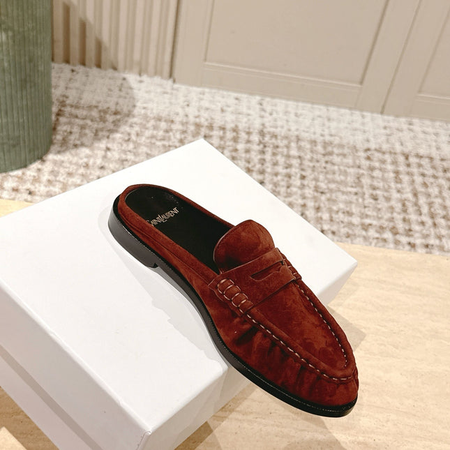 YSL 25S LOAFER MULE IN DARK BRICK RED SUEDE