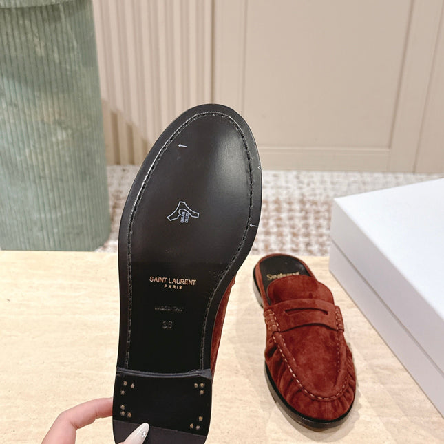 YSL 25S LOAFER MULE IN DARK BRICK RED SUEDE