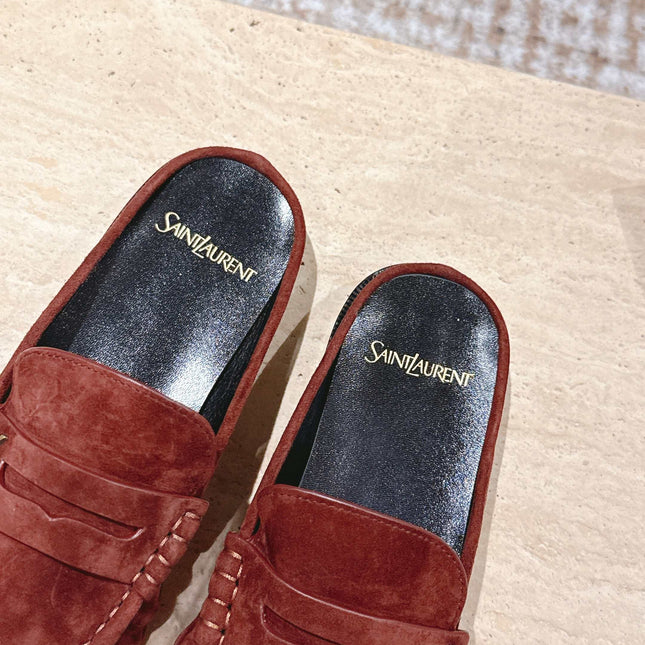YSL 25S LOAFER MULE IN DARK BRICK RED SUEDE