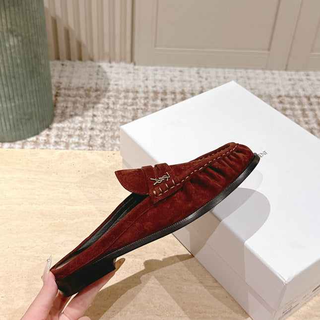 YSL 25S LOAFER MULE IN DARK BRICK RED SUEDE
