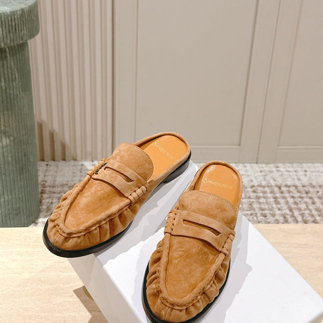 YSL 25S LOAFER MULE IN CARAMEL SUEDE