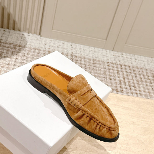 YSL 25S LOAFER MULE IN CARAMEL SUEDE