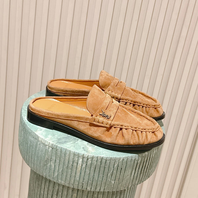 YSL 25S LOAFER MULE IN CARAMEL SUEDE