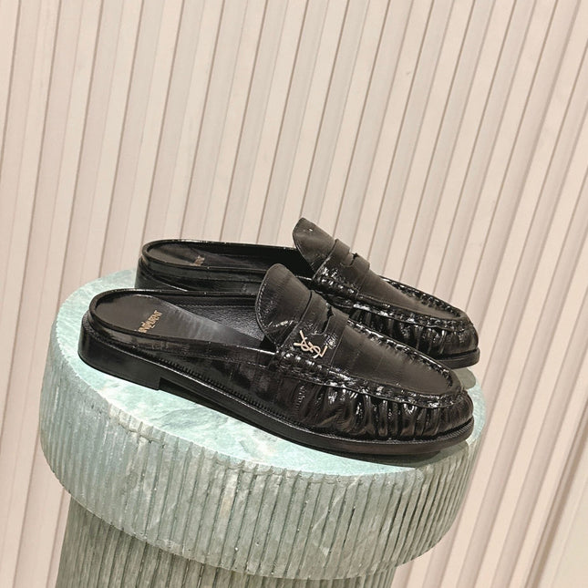 YSL 25S LOAFER MULE IN BLACK GLOSSY CALFSKIN