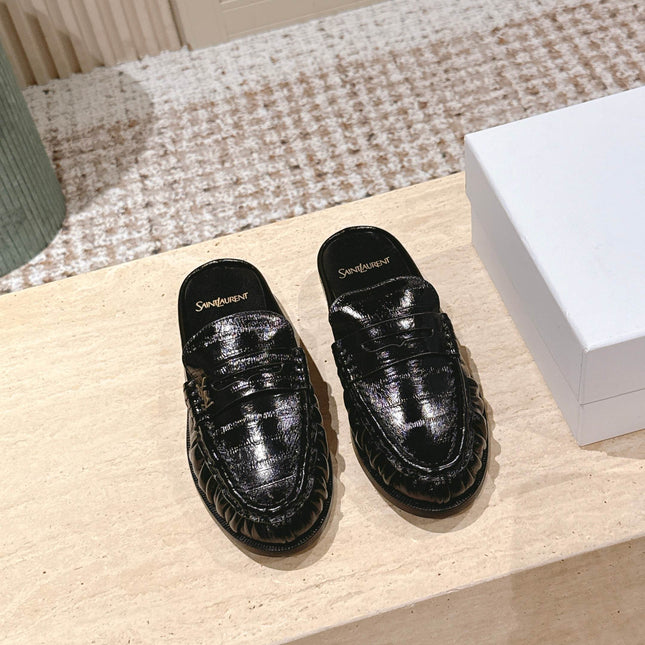 YSL 25S LOAFER MULE IN BLACK GLOSSY CALFSKIN